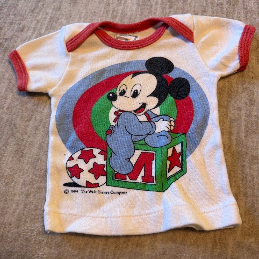 Vintage 1984 Disney Mickey Mouse Baby Shirt Ringer Tee Infant 0-6 Months